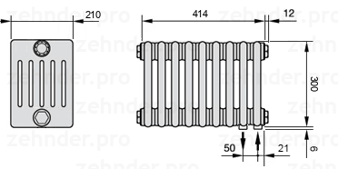 Схема (чертеж) Радиатор Zehnder Charleston 6030/9 №5510 Белый глянцевый RAL 9016